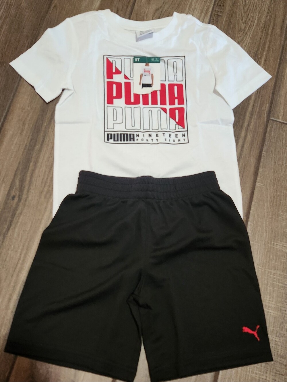 Puma White Tee with Red Logo & Black Athletic Shorts